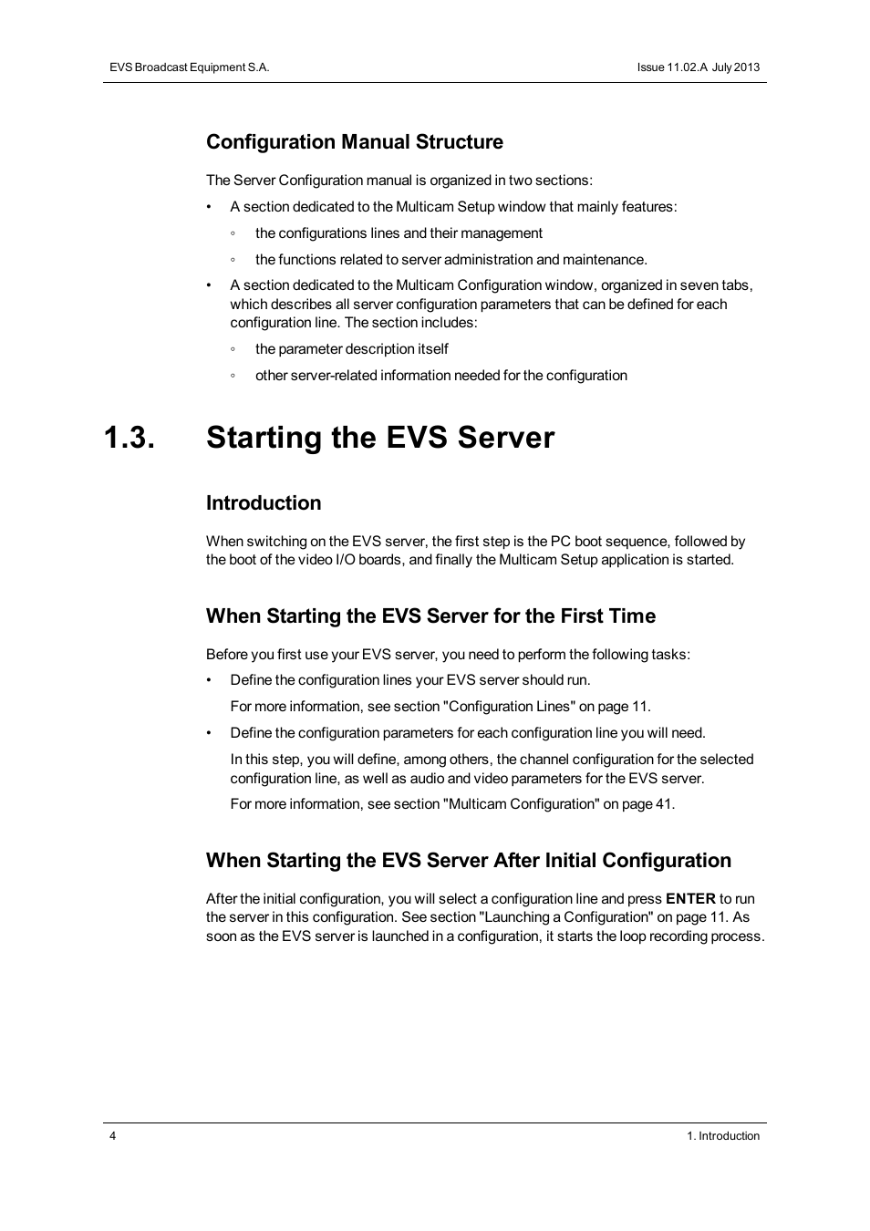 Starting the evs server, Configuration manual structure, Introduction | When starting the evs server for the first time | EVS XSnano Version 11.02 - July 2012 Configuration Manual User Manual | Page 12 / 174