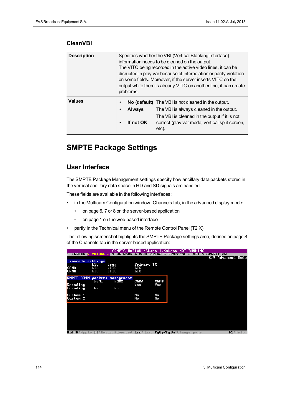 Smpte 334m packets management settings, Smpte package settings, User interface | EVS XSnano Version 11.02 - July 2012 Configuration Manual User Manual | Page 122 / 174