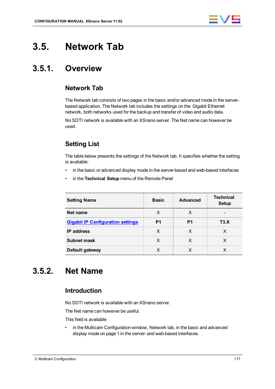 Network tab, Overview, Net name | Network settings, Setting list, Introduction | EVS XSnano Version 11.02 - July 2012 Configuration Manual User Manual | Page 125 / 174