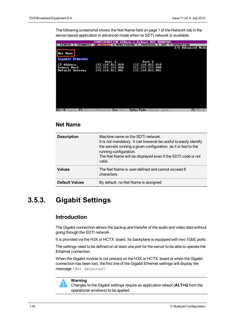 Gigabit settings, Net name, Introduction | EVS XSnano Version 11.02 - July 2012 Configuration Manual User Manual | Page 126 / 174