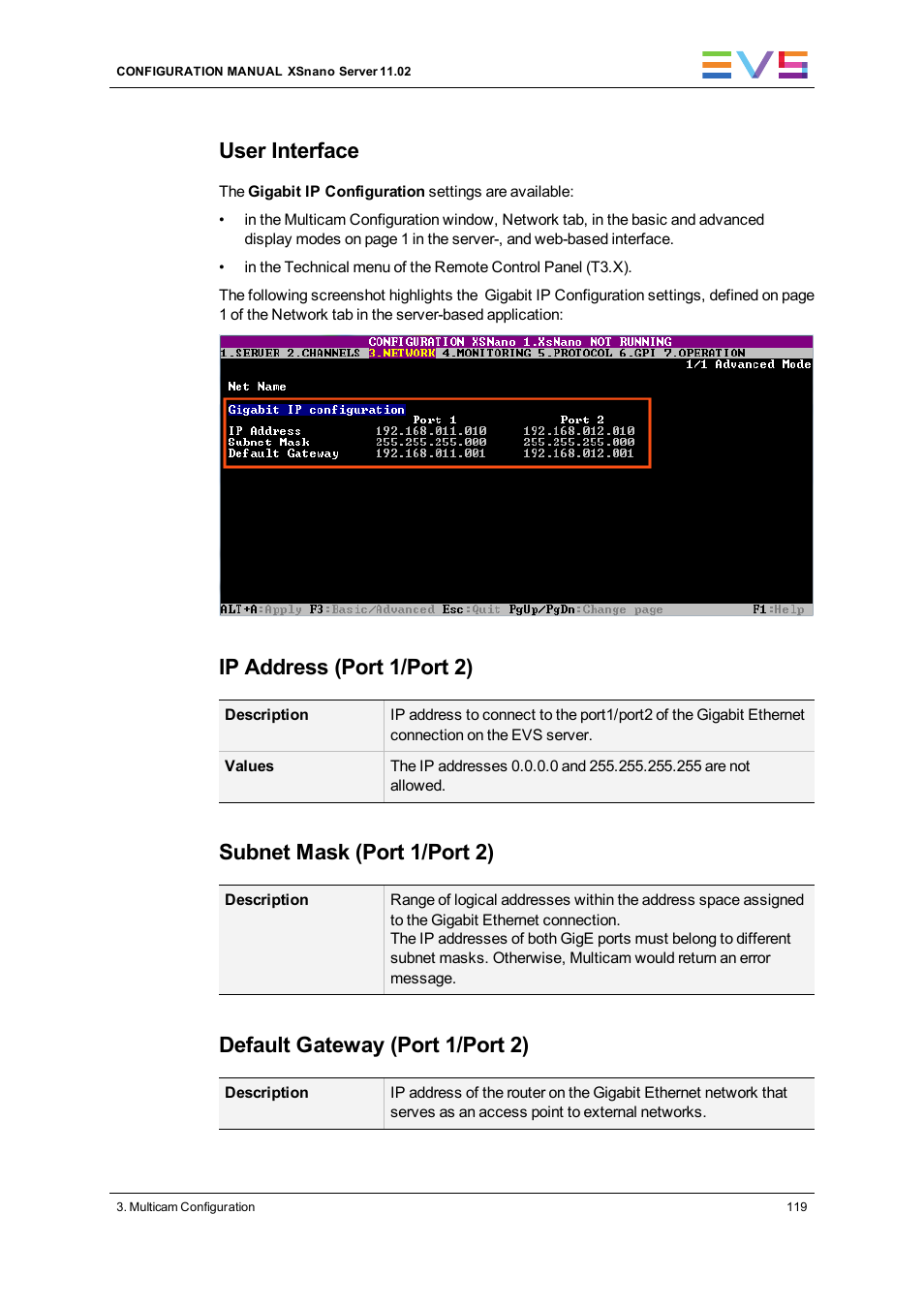 User interface, Ip address (port 1/port 2), Subnet mask (port 1/port 2) | Default gateway (port 1/port 2) | EVS XSnano Version 11.02 - July 2012 Configuration Manual User Manual | Page 127 / 174