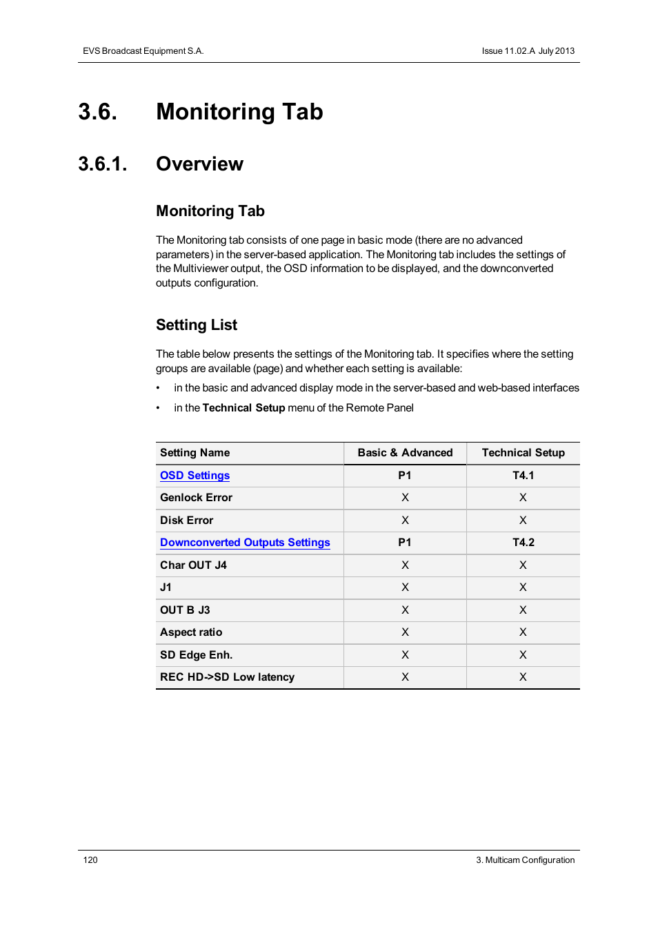 Monitoring tab, Overview, Monitoring settings | Setting list | EVS XSnano Version 11.02 - July 2012 Configuration Manual User Manual | Page 128 / 174