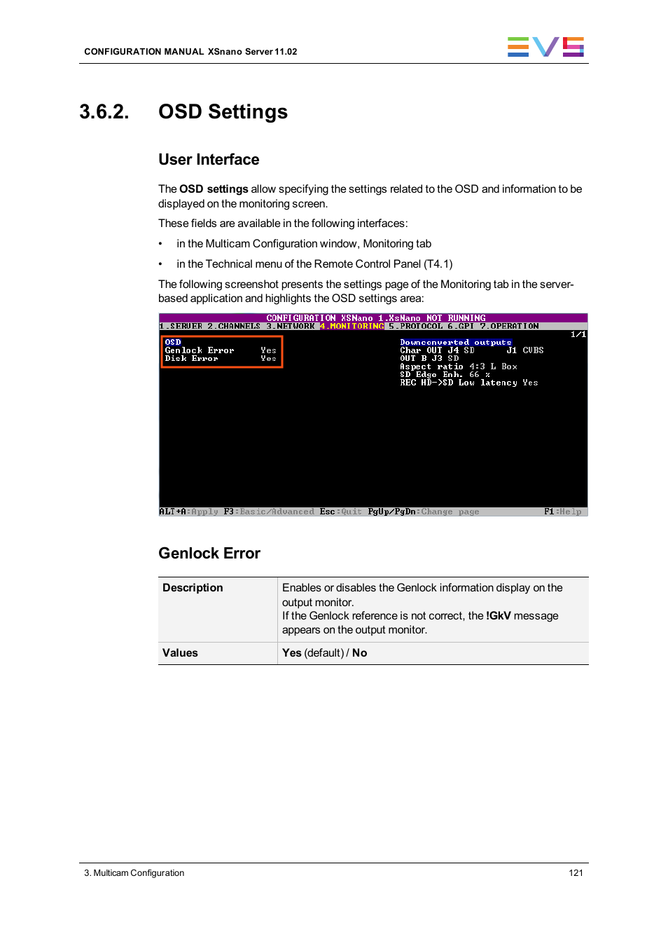 Osd settings, User interface, Genlock error | EVS XSnano Version 11.02 - July 2012 Configuration Manual User Manual | Page 129 / 174