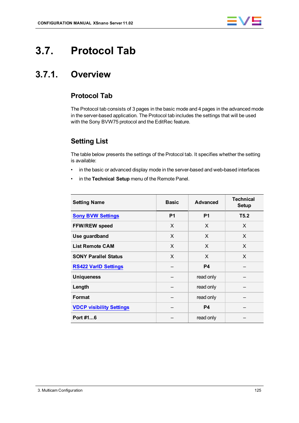 Protocol tab, Overview, Protocol settings | Setting list | EVS XSnano Version 11.02 - July 2012 Configuration Manual User Manual | Page 133 / 174