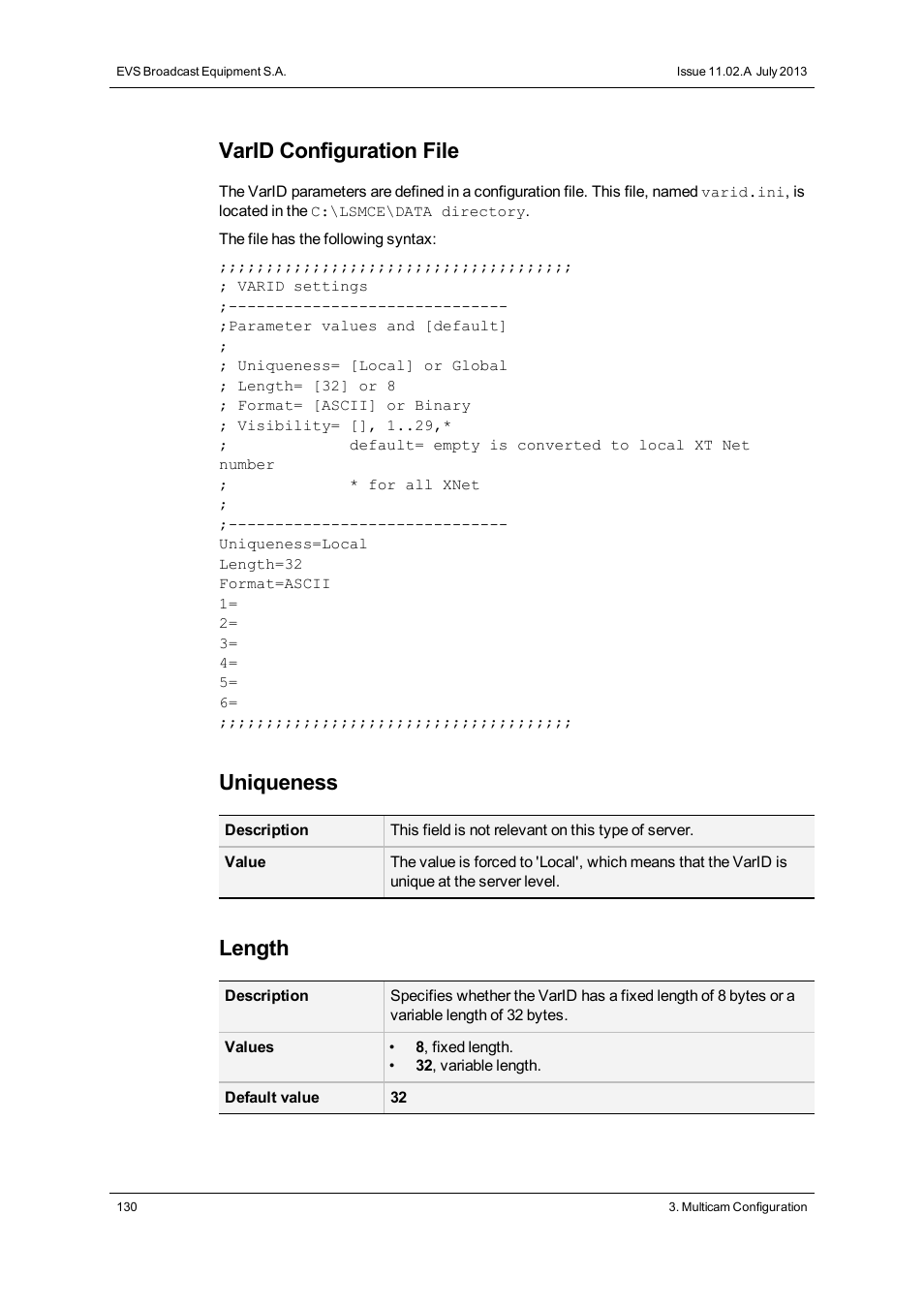 Varid configuration file, Uniqueness, Length | EVS XSnano Version 11.02 - July 2012 Configuration Manual User Manual | Page 138 / 174
