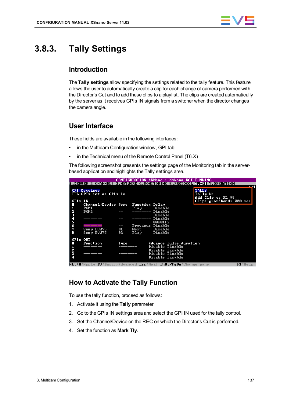 Tally settings, Introduction, User interface | How to activate the tally function | EVS XSnano Version 11.02 - July 2012 Configuration Manual User Manual | Page 145 / 174