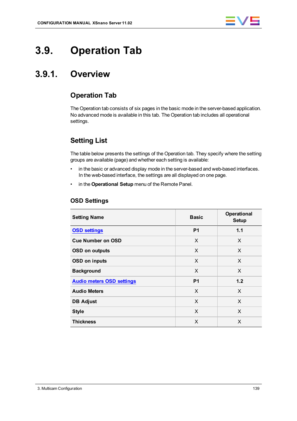 Operation tab, Overview, Operations settings | Setting list | EVS XSnano Version 11.02 - July 2012 Configuration Manual User Manual | Page 147 / 174