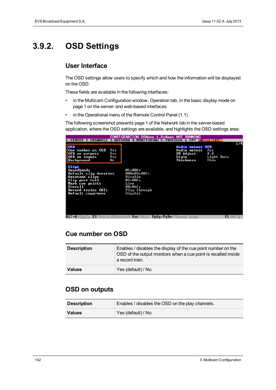 Osd settings, User interface, Cue number on osd | Osd on outputs | EVS XSnano Version 11.02 - July 2012 Configuration Manual User Manual | Page 150 / 174