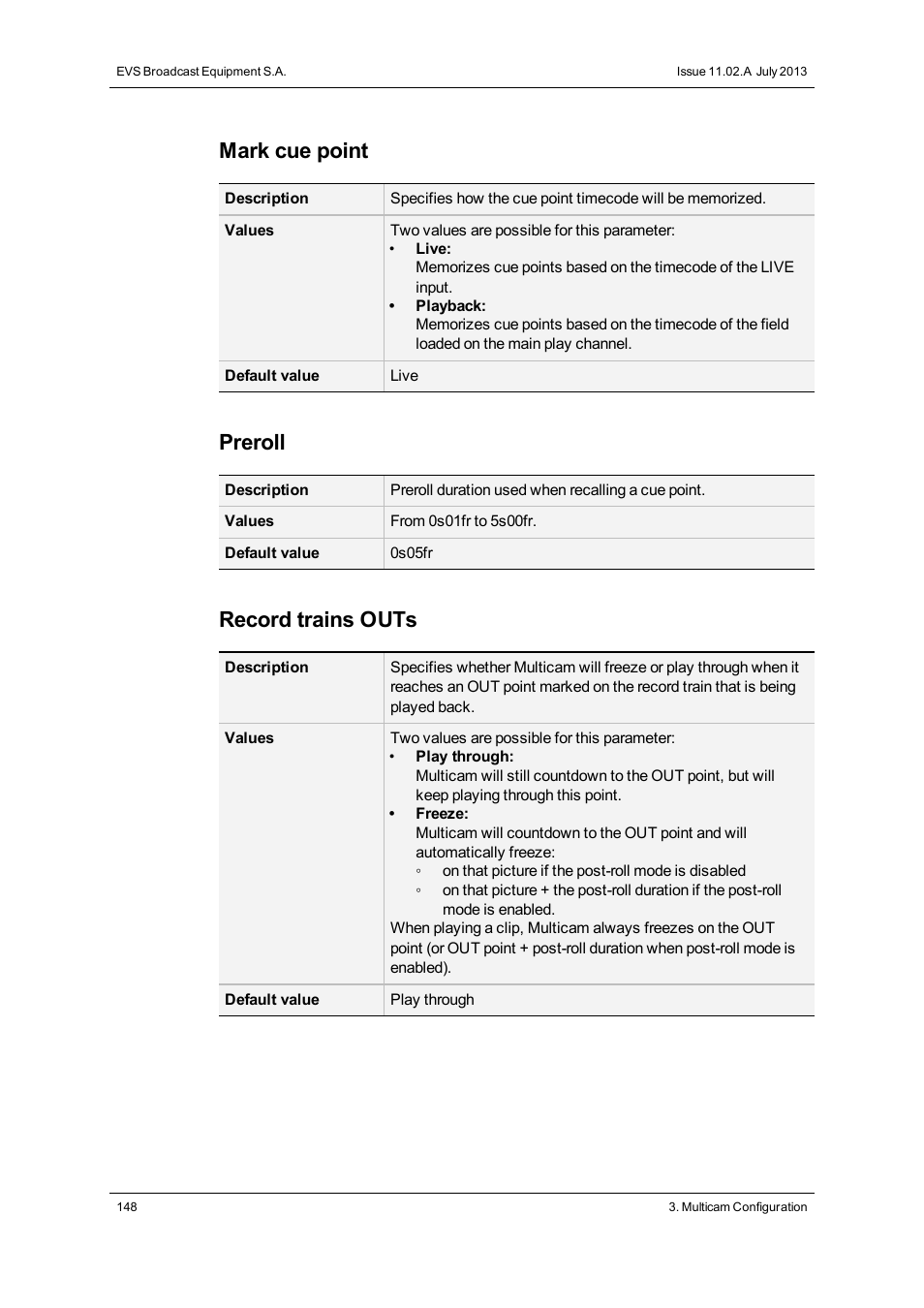 Mark cue point, Preroll, Record trains outs | EVS XSnano Version 11.02 - July 2012 Configuration Manual User Manual | Page 156 / 174