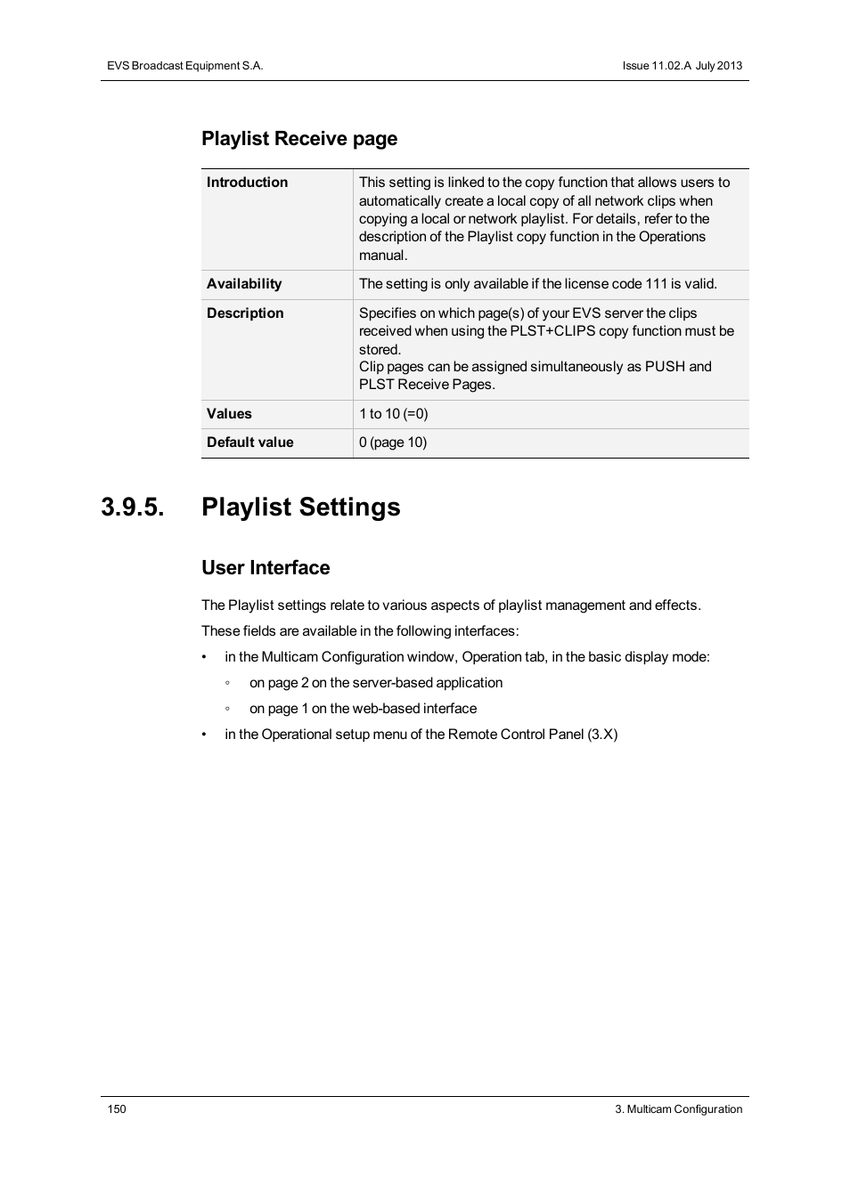 Playlist settings, Playlist receive page, User interface | EVS XSnano Version 11.02 - July 2012 Configuration Manual User Manual | Page 158 / 174