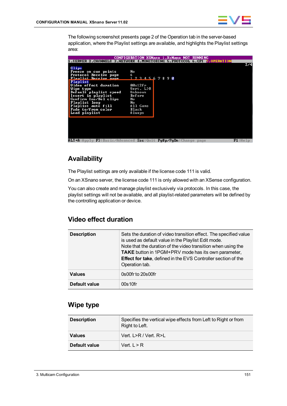 Availability, Video effect duration, Wipe type | EVS XSnano Version 11.02 - July 2012 Configuration Manual User Manual | Page 159 / 174