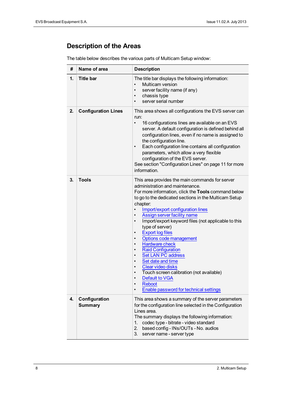 Description of the areas | EVS XSnano Version 11.02 - July 2012 Configuration Manual User Manual | Page 16 / 174