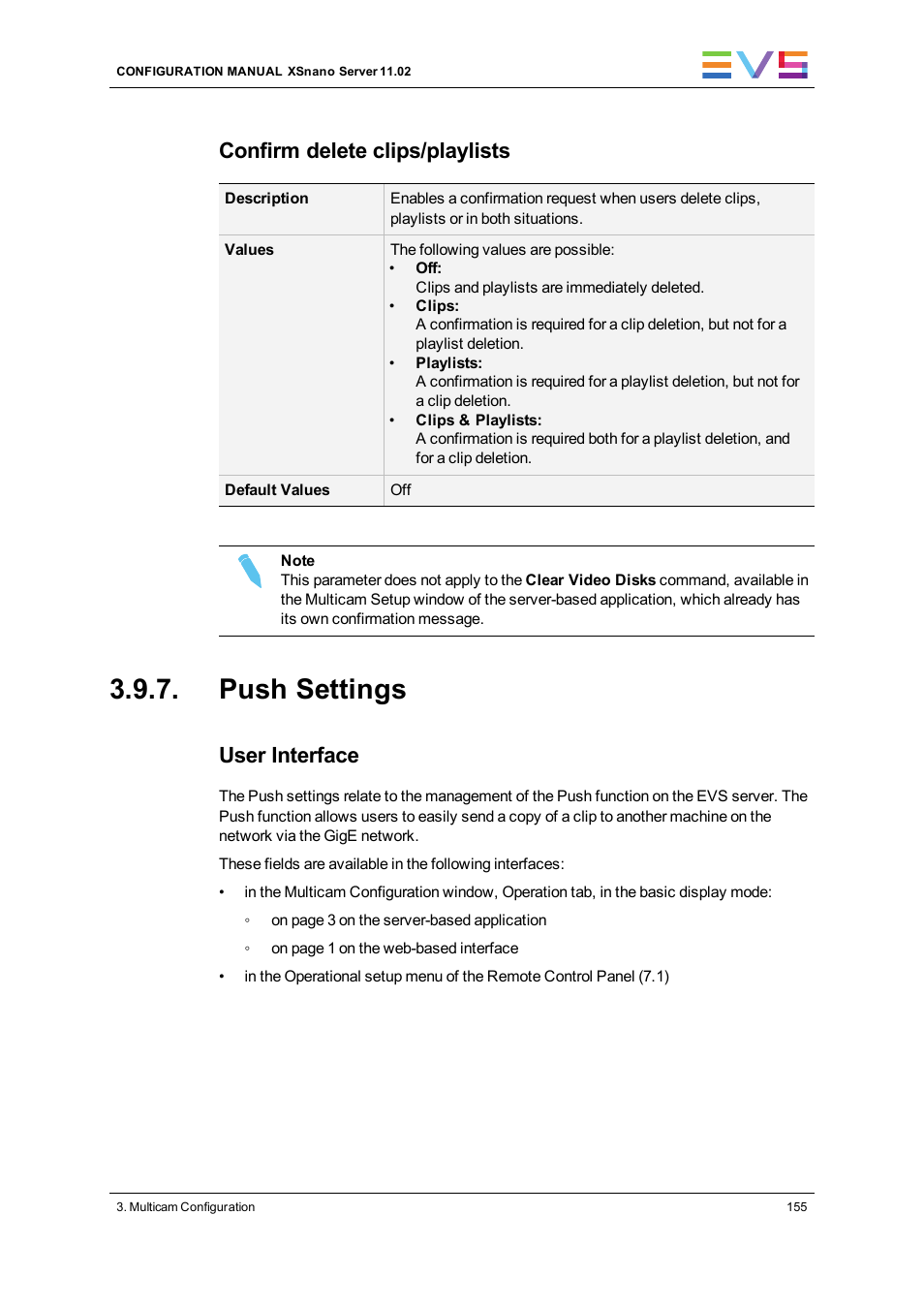 Push settings, Confirm delete clips/playlists, User interface | EVS XSnano Version 11.02 - July 2012 Configuration Manual User Manual | Page 163 / 174