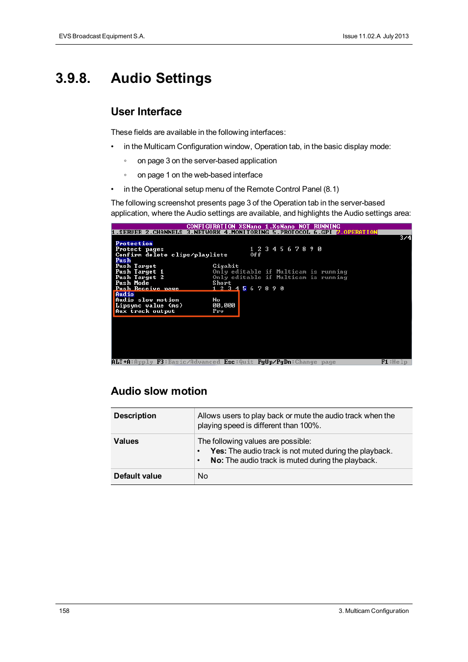 Audio settings, User interface, Audio slow motion | EVS XSnano Version 11.02 - July 2012 Configuration Manual User Manual | Page 166 / 174