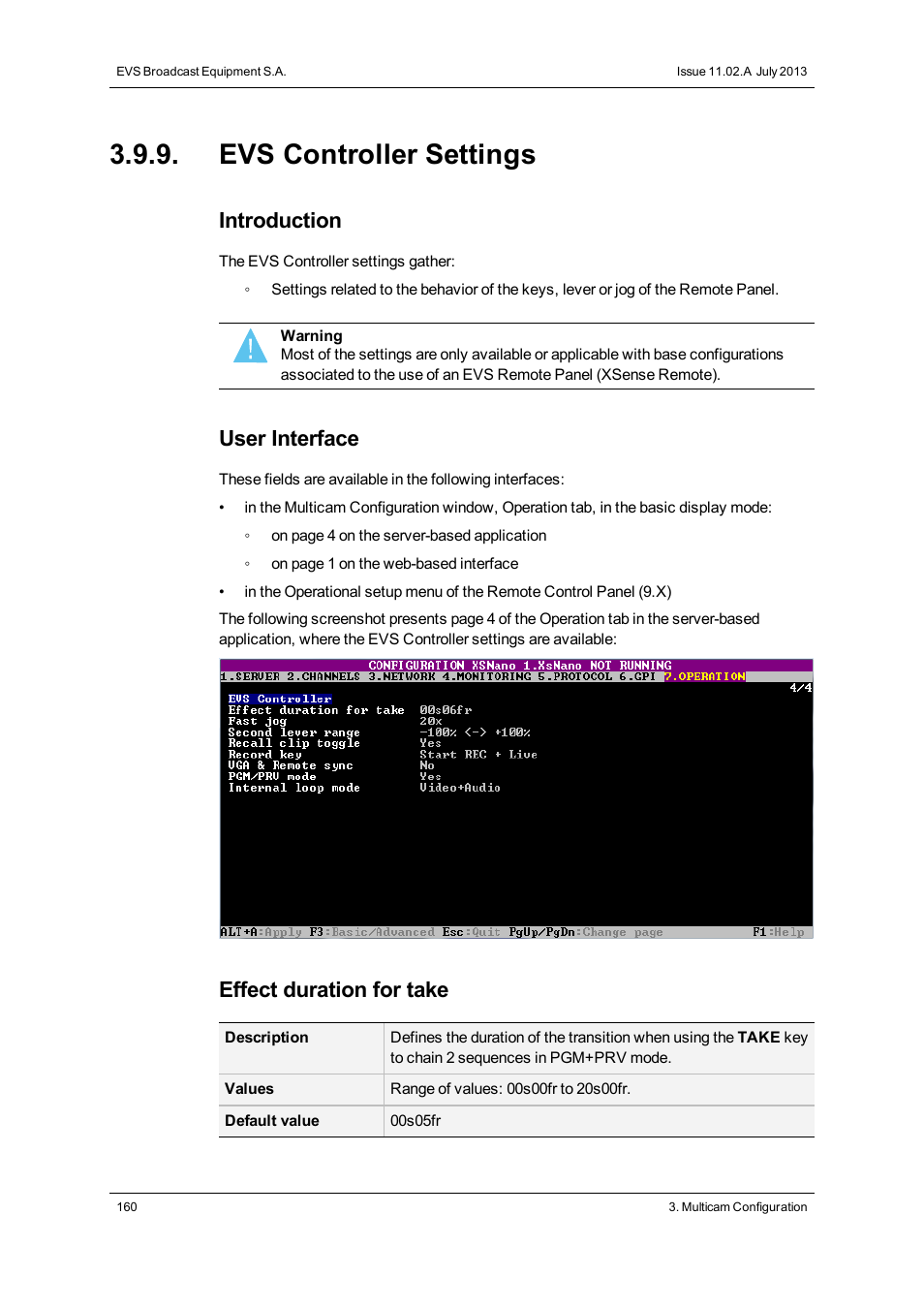 Evs controller settings, Controller settings, Introduction | User interface, Effect duration for take | EVS XSnano Version 11.02 - July 2012 Configuration Manual User Manual | Page 168 / 174