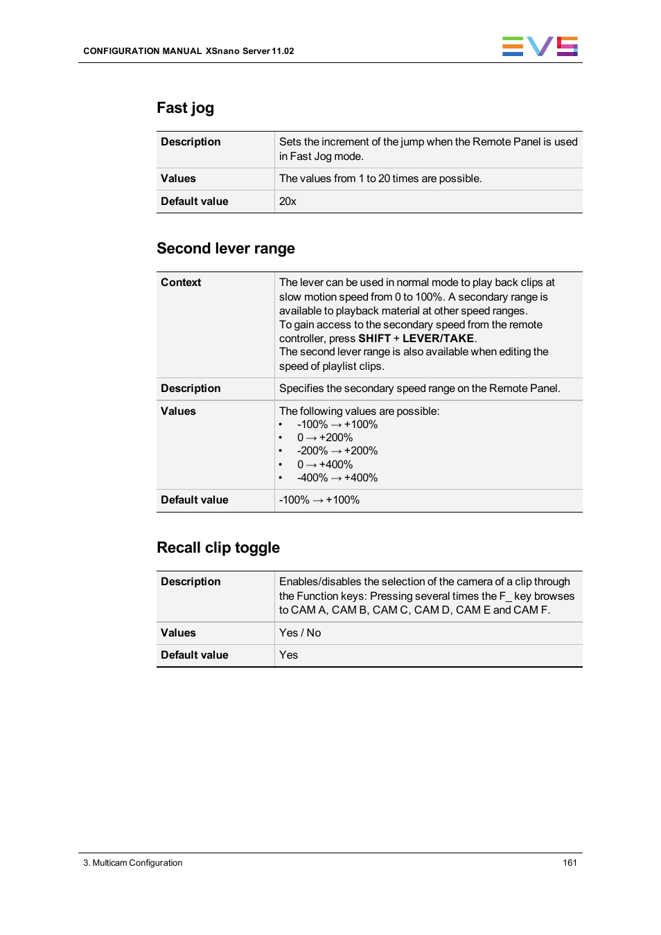 Fast jog, Second lever range, Recall clip toggle | EVS XSnano Version 11.02 - July 2012 Configuration Manual User Manual | Page 169 / 174