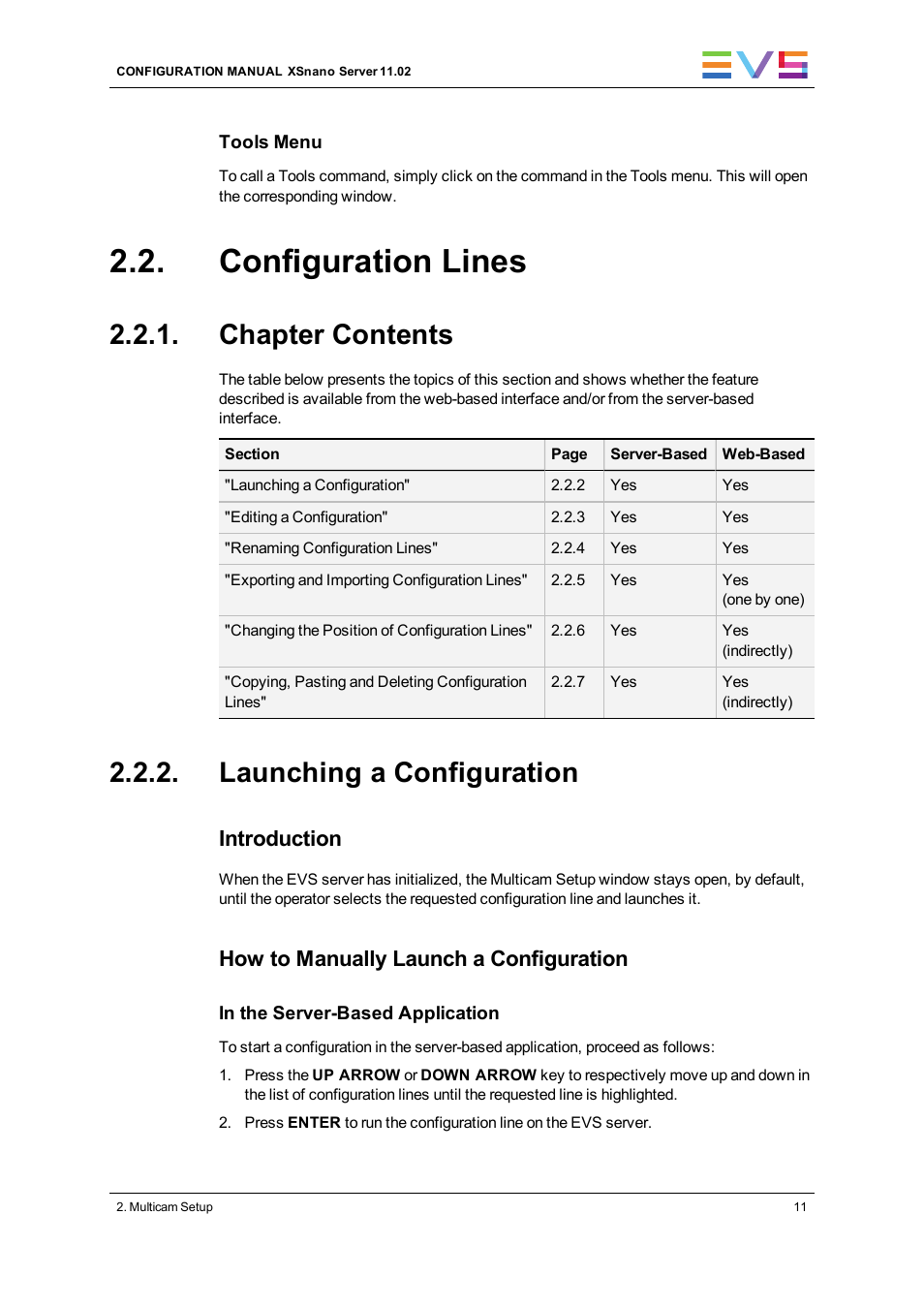 Configuration lines, Chapter contents, Launching a configuration | Introduction, How to manually launch a configuration | EVS XSnano Version 11.02 - July 2012 Configuration Manual User Manual | Page 19 / 174