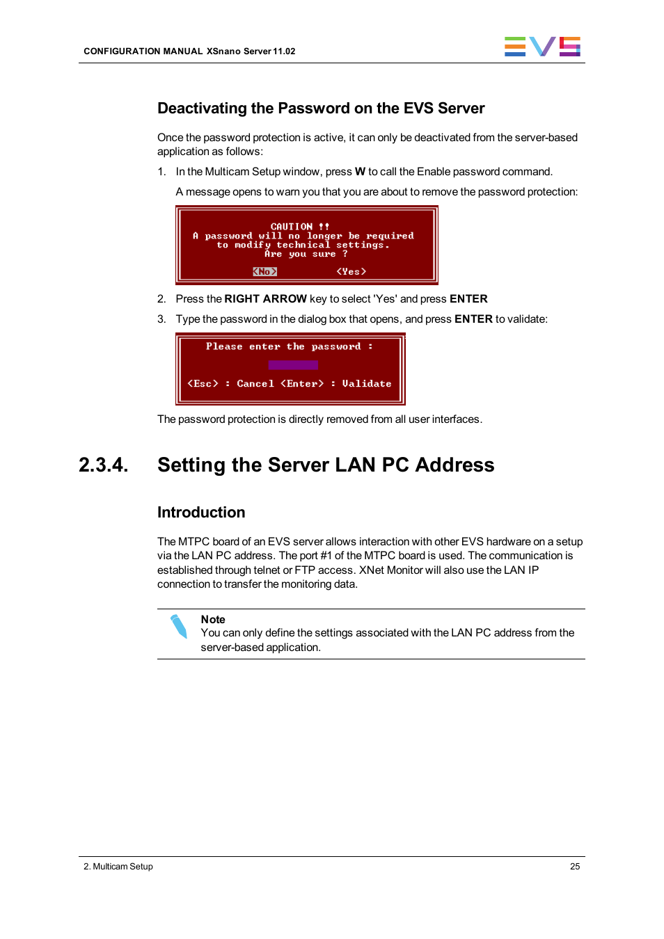 Setting the server lan pc address, Set lan pc address, Deactivating the password on the evs server | Introduction | EVS XSnano Version 11.02 - July 2012 Configuration Manual User Manual | Page 33 / 174