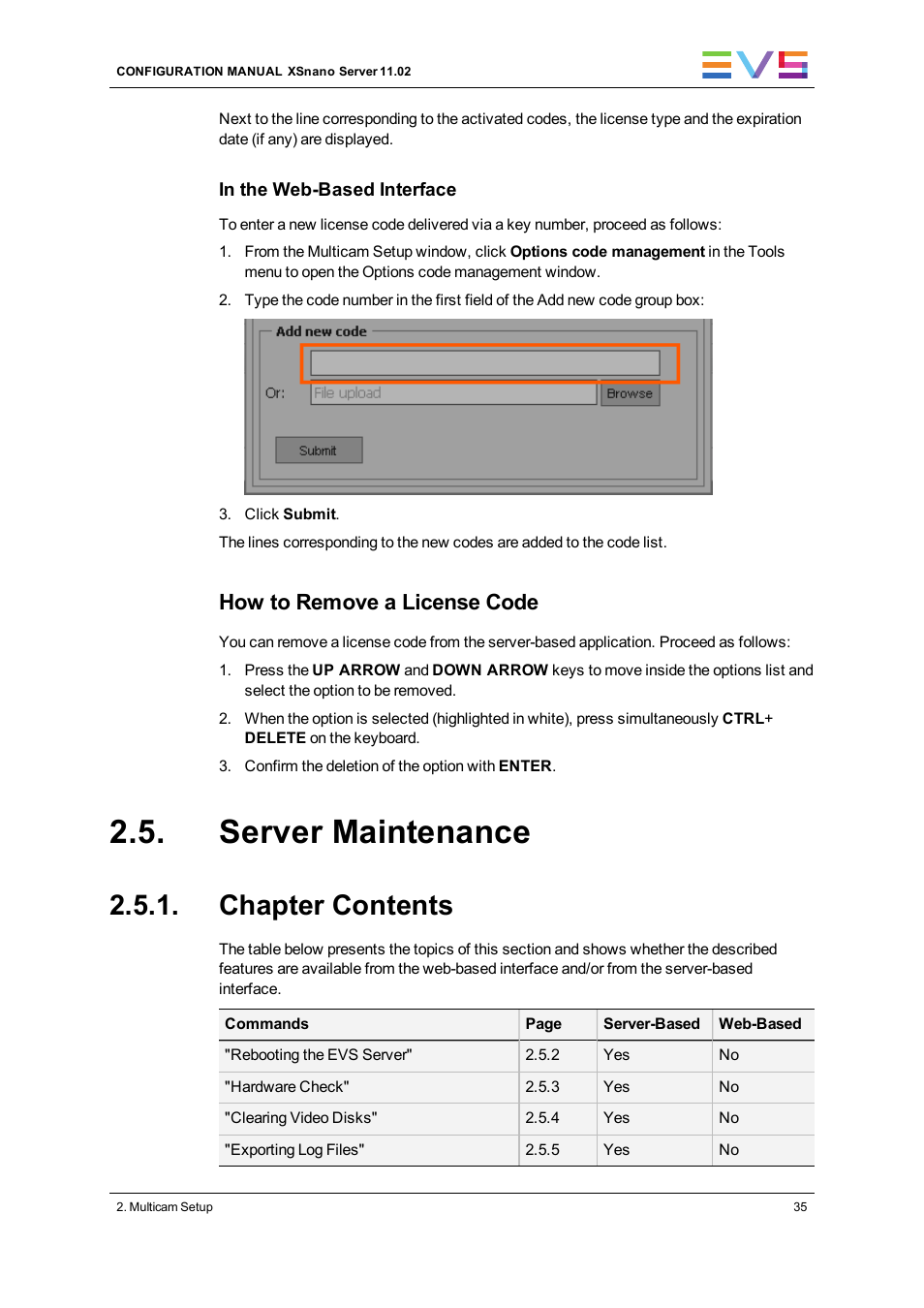 Server maintenance, Chapter contents, How to remove a license code | EVS XSnano Version 11.02 - July 2012 Configuration Manual User Manual | Page 43 / 174
