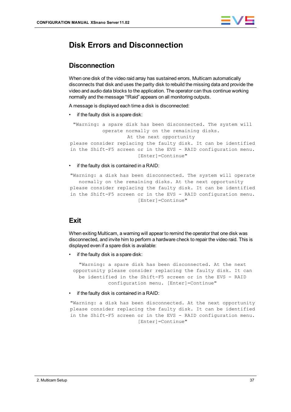 Disk errors and disconnection, Disconnection, Exit | EVS XSnano Version 11.02 - July 2012 Configuration Manual User Manual | Page 45 / 174