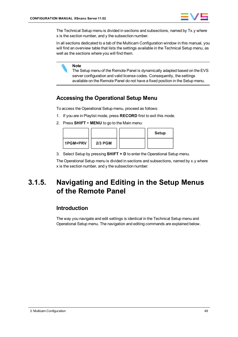 Accessing the operational setup menu, Introduction | EVS XSnano Version 11.02 - July 2012 Configuration Manual User Manual | Page 57 / 174