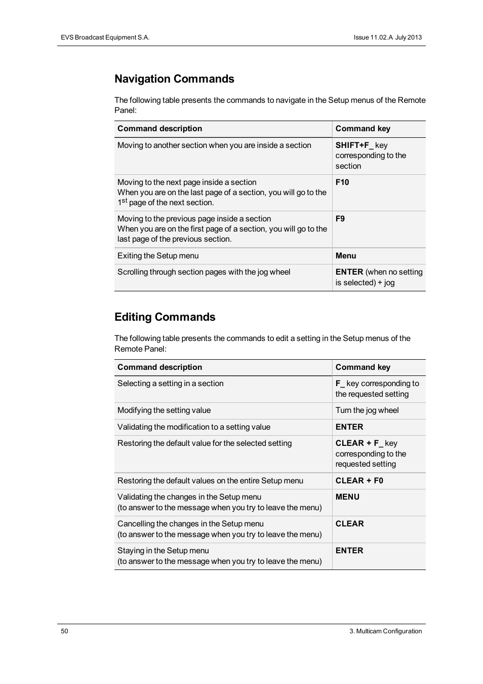 Navigation commands, Editing commands | EVS XSnano Version 11.02 - July 2012 Configuration Manual User Manual | Page 58 / 174