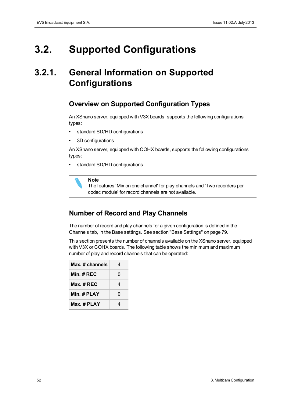 Supported configurations, General information on supported configurations, Overview on supported configuration types | Number of record and play channels | EVS XSnano Version 11.02 - July 2012 Configuration Manual User Manual | Page 60 / 174