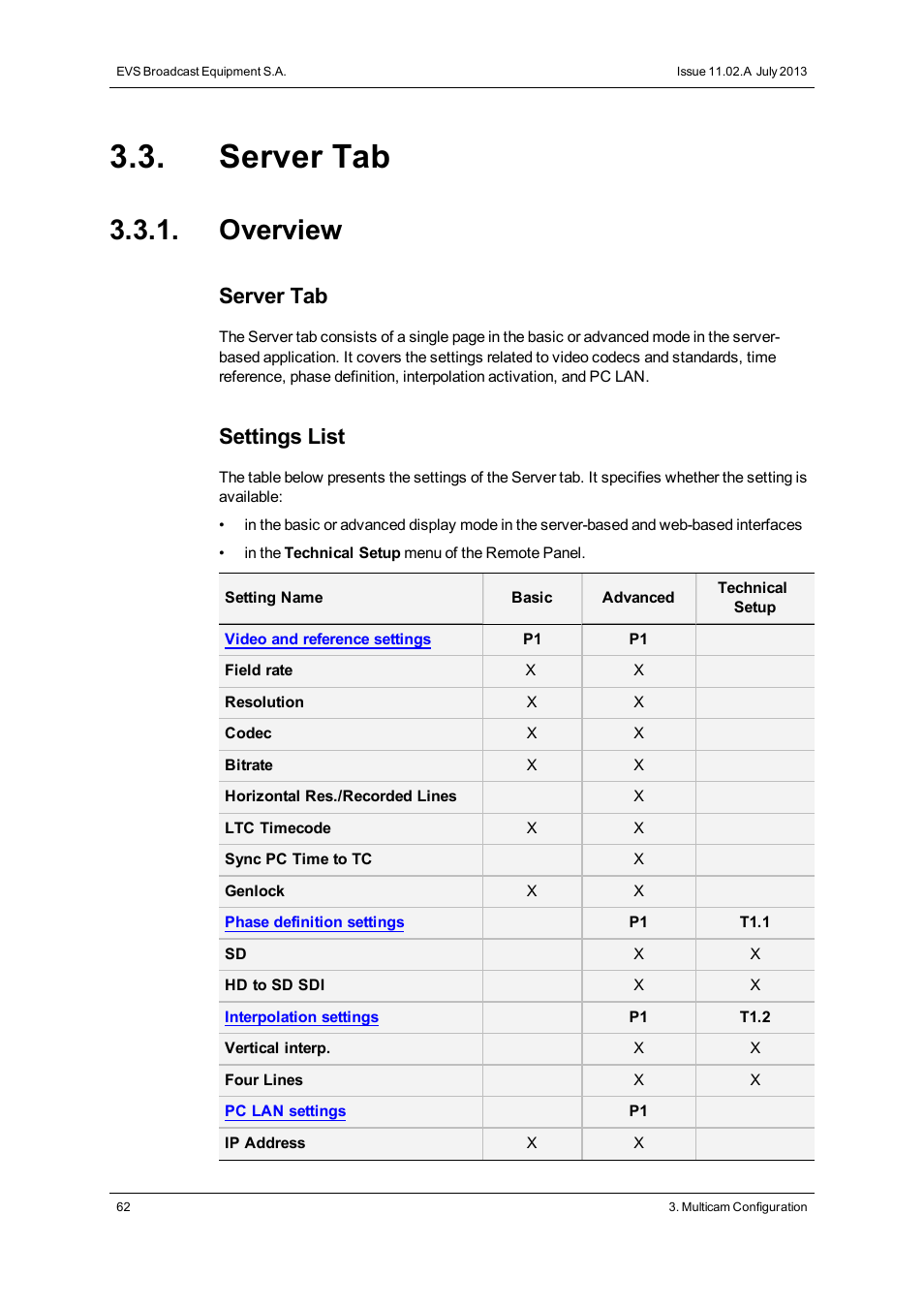 Server tab, Overview, Server settings | Settings list | EVS XSnano Version 11.02 - July 2012 Configuration Manual User Manual | Page 70 / 174