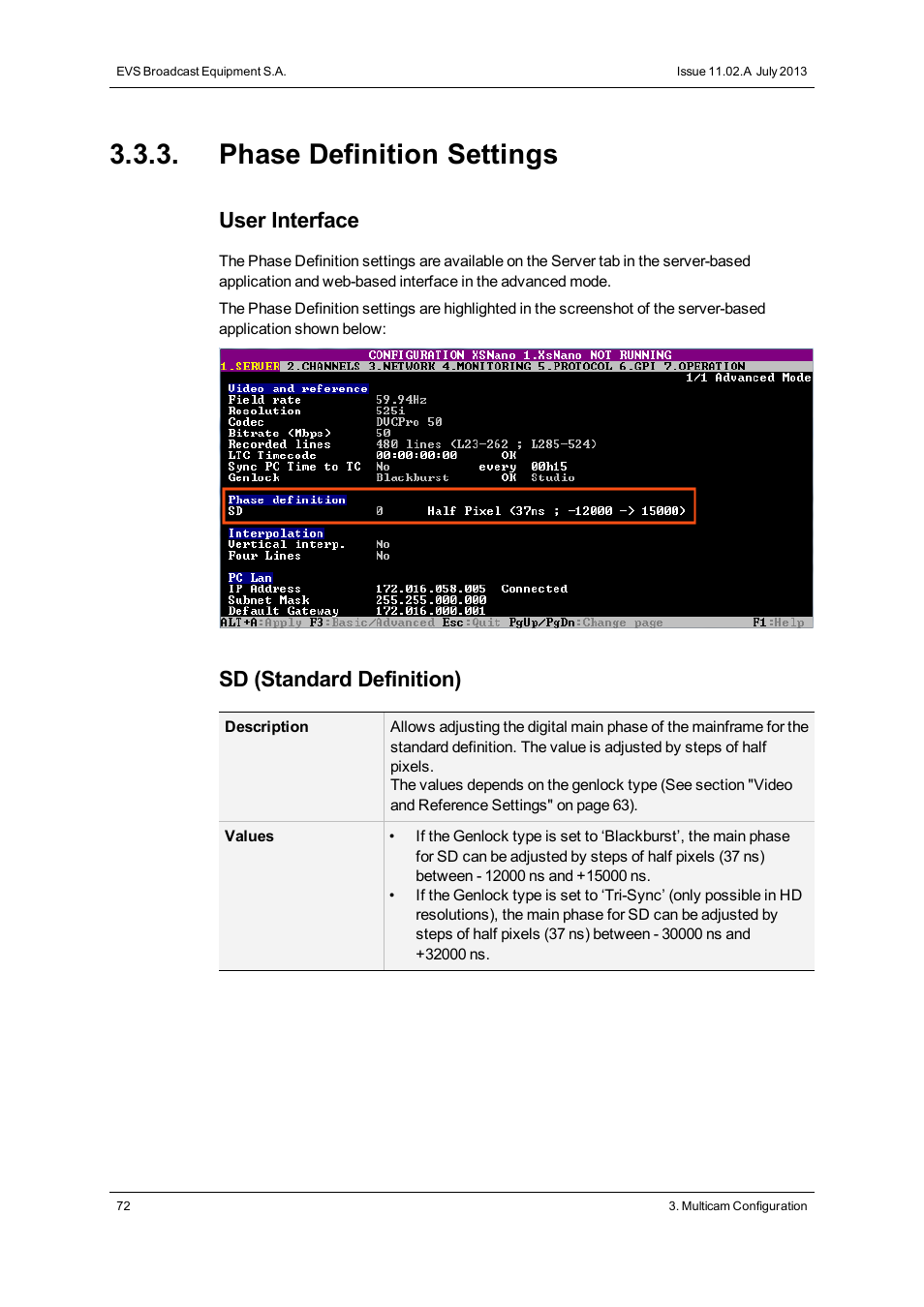 Phase definition settings, User interface, Sd (standard definition) | EVS XSnano Version 11.02 - July 2012 Configuration Manual User Manual | Page 80 / 174