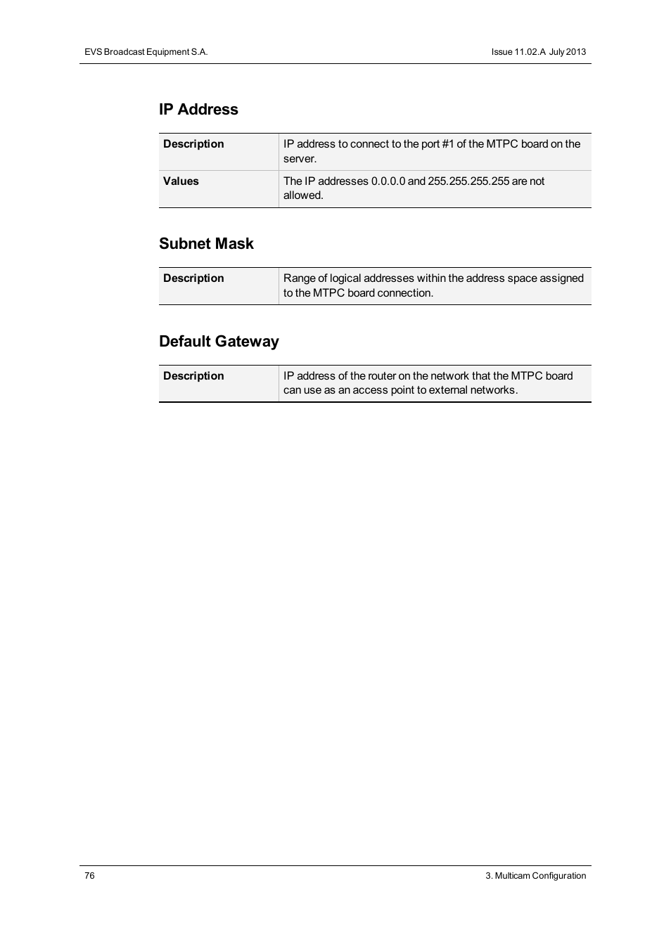 Ip address, Subnet mask, Default gateway | EVS XSnano Version 11.02 - July 2012 Configuration Manual User Manual | Page 84 / 174