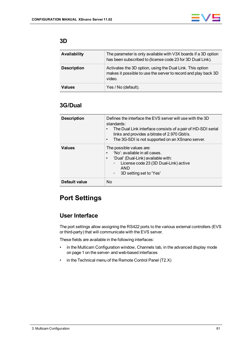 Port settings, 3g/dual, User interface | EVS XSnano Version 11.02 - July 2012 Configuration Manual User Manual | Page 89 / 174