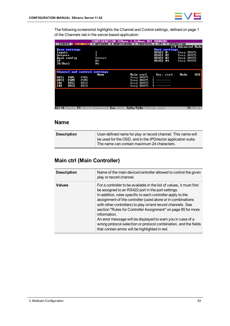 Name, Main ctrl (main controller) | EVS XSnano Version 11.02 - July 2012 Configuration Manual User Manual | Page 91 / 174