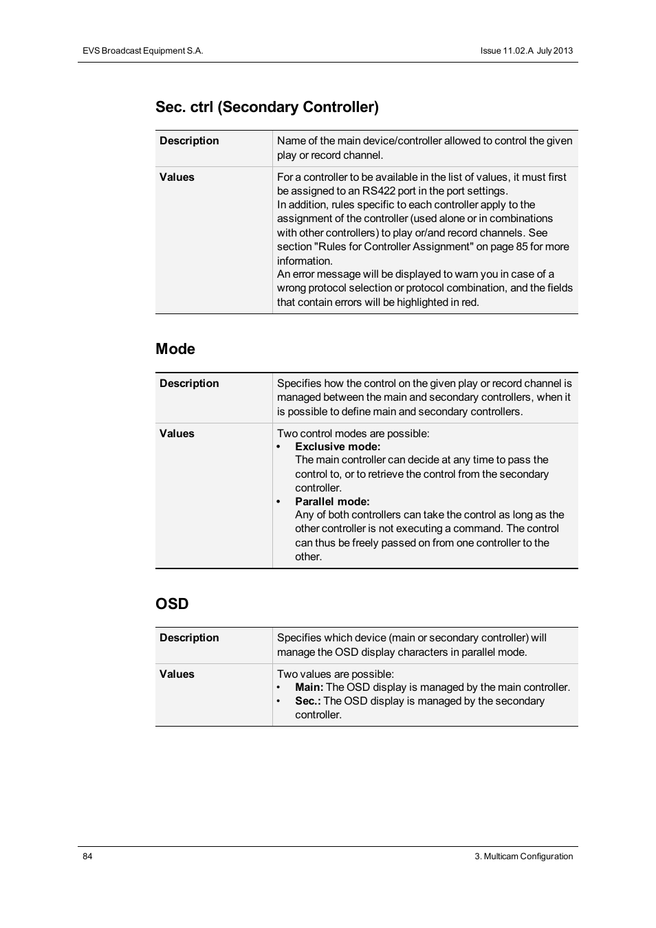 Sec. ctrl (secondary controller), Mode | EVS XSnano Version 11.02 - July 2012 Configuration Manual User Manual | Page 92 / 174