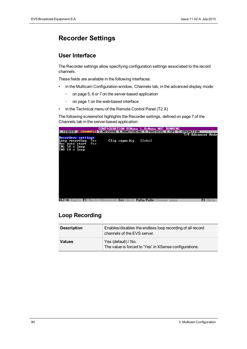 Recorder settings, User interface, Loop recording | EVS XSnano Version 11.02 - July 2012 Configuration Manual User Manual | Page 98 / 174