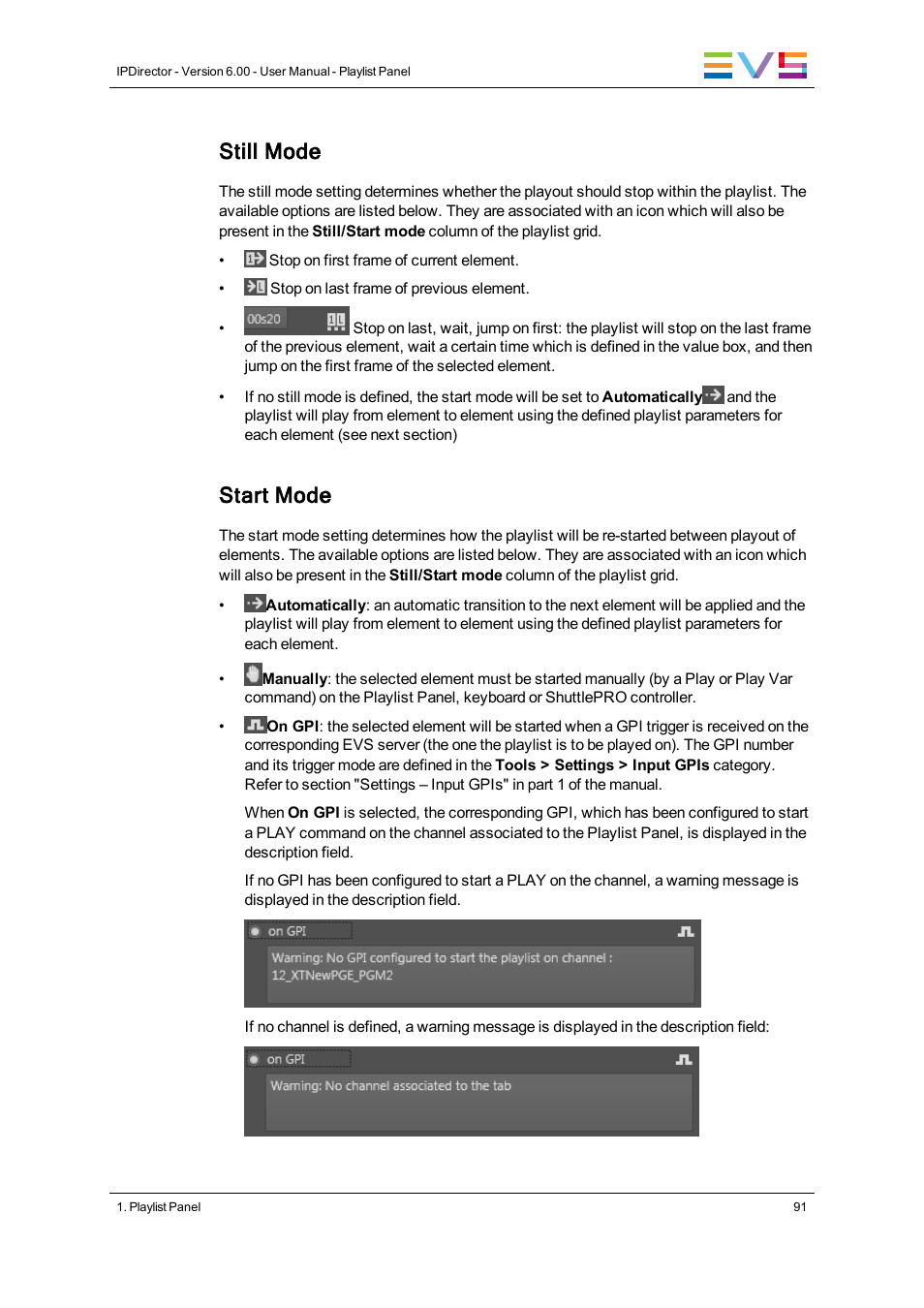 Still mode, Start mode | EVS IPDirector Version 6.0 - November 2012 Part 6 User's Manual User Manual | Page 101 / 182