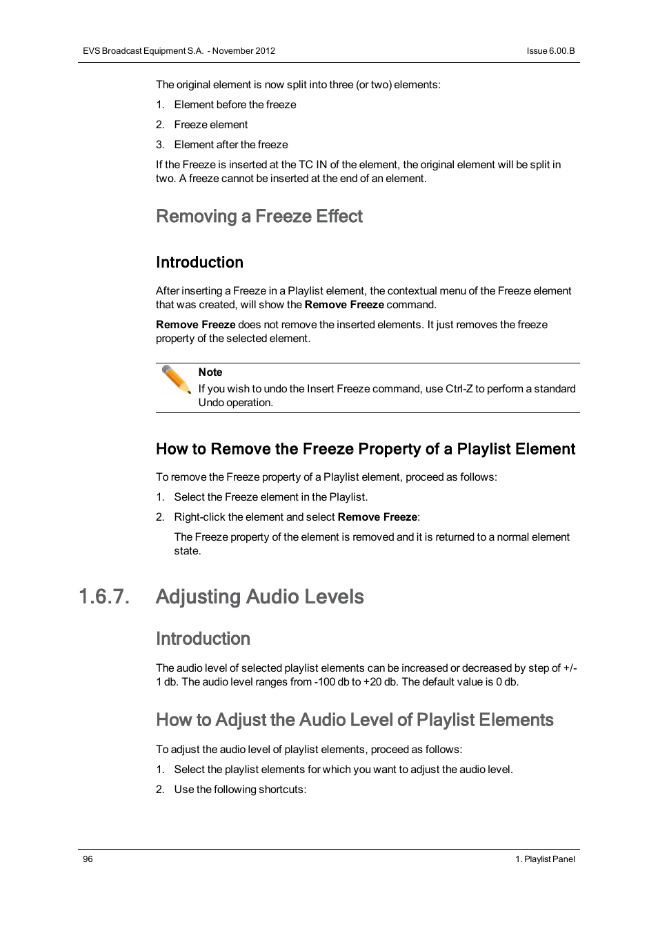 Adjusting audio levels, Removing a freeze effect, How to adjust the audio level of playlist elements | Introduction | EVS IPDirector Version 6.0 - November 2012 Part 6 User's Manual User Manual | Page 106 / 182
