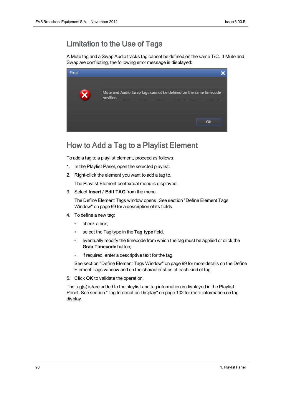 Limitation to the use of tags, How to add a tag to a playlist element | EVS IPDirector Version 6.0 - November 2012 Part 6 User's Manual User Manual | Page 108 / 182