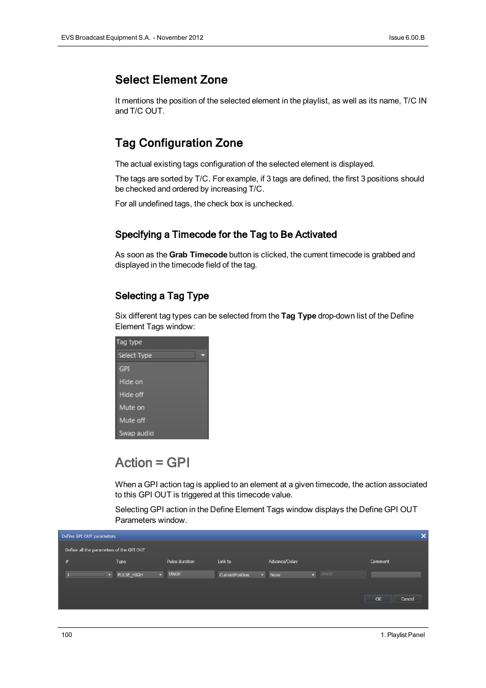 Action = gpi, Select element zone, Tag configuration zone | EVS IPDirector Version 6.0 - November 2012 Part 6 User's Manual User Manual | Page 110 / 182