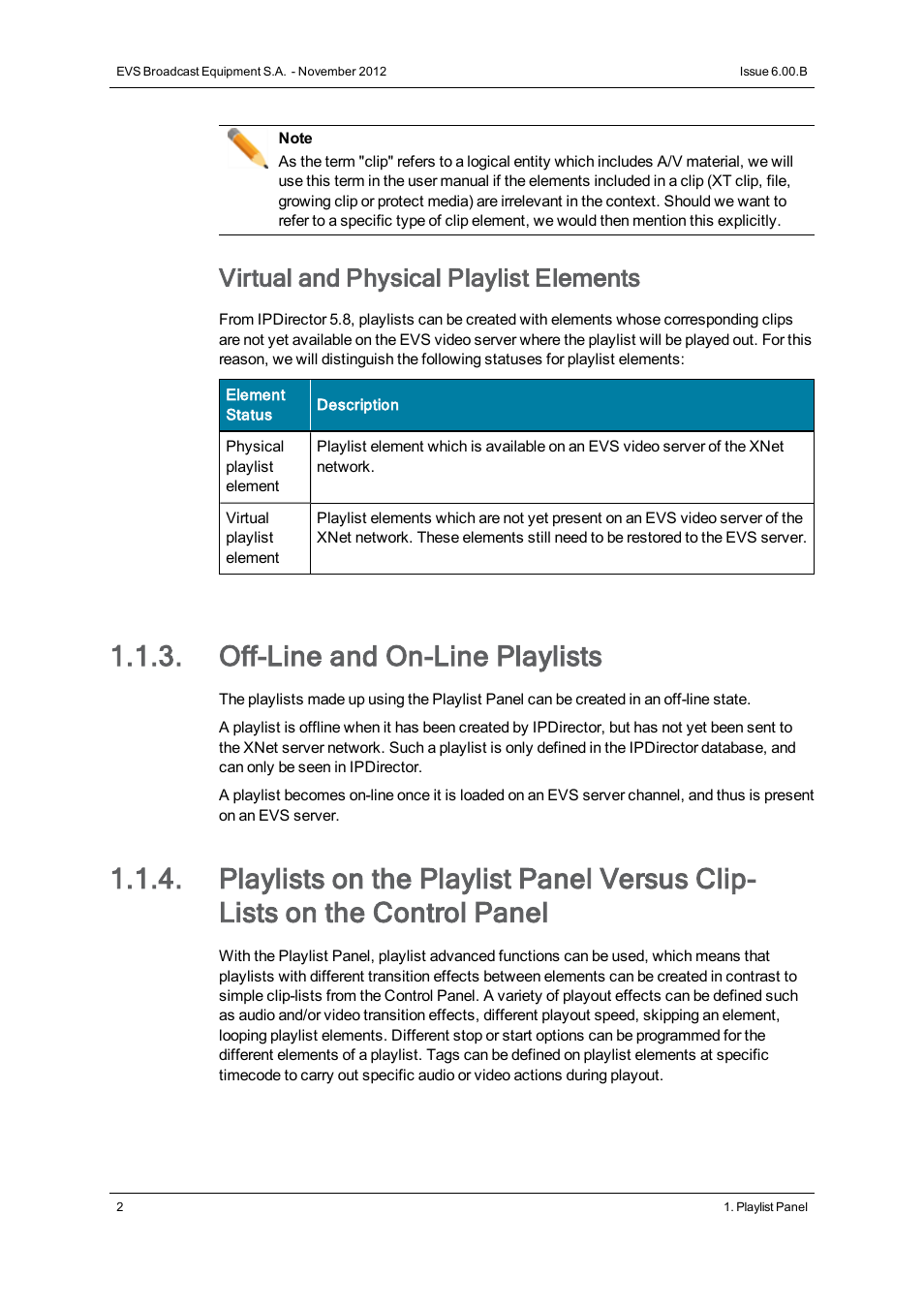 Off-line and on-line playlists, Virtual and physical playlist elements | EVS IPDirector Version 6.0 - November 2012 Part 6 User's Manual User Manual | Page 12 / 182