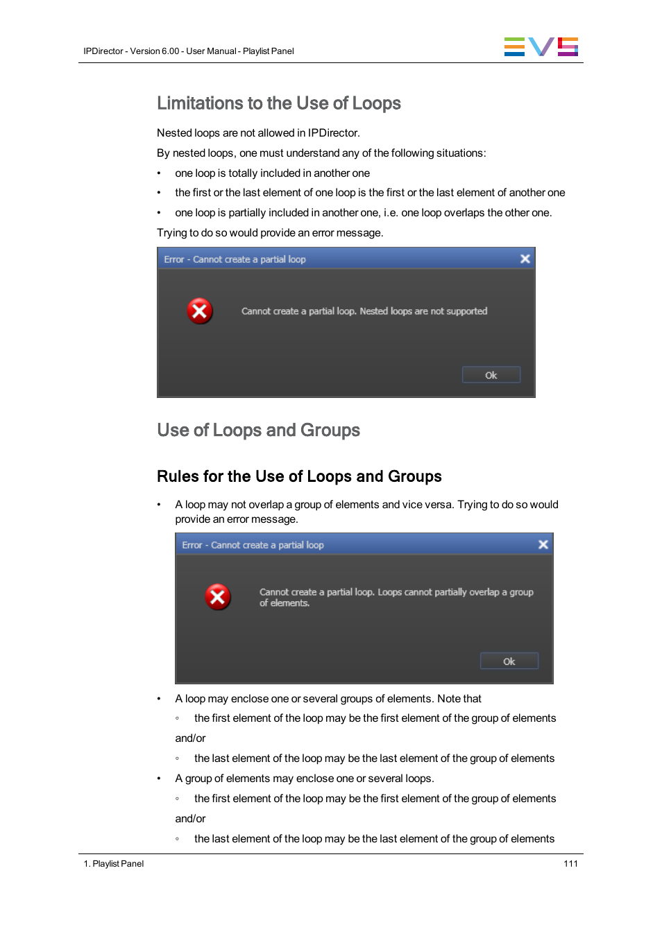 Limitations to the use of loops, Use of loops and groups, Rules for the use of loops and groups | EVS IPDirector Version 6.0 - November 2012 Part 6 User's Manual User Manual | Page 121 / 182