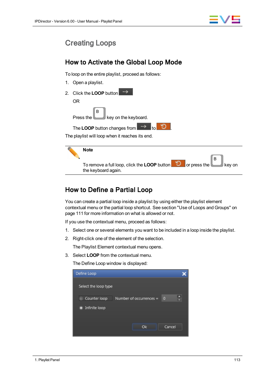 Creating loops, How to activate the global loop mode, How to define a partial loop | EVS IPDirector Version 6.0 - November 2012 Part 6 User's Manual User Manual | Page 123 / 182