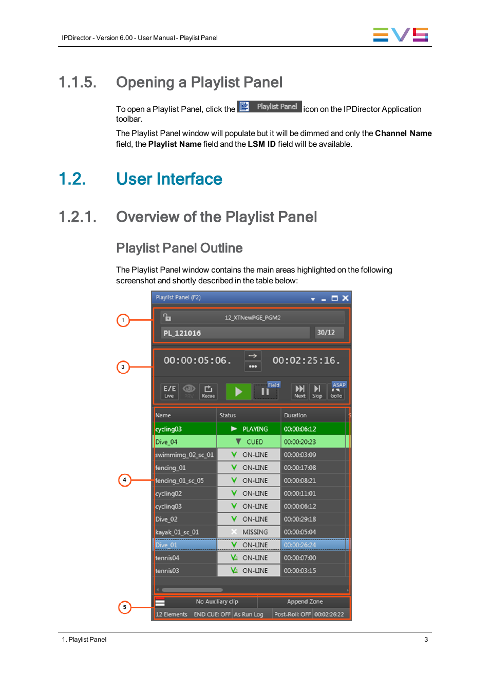 Opening a playlist panel, User interface, Overview of the playlist panel | Playlist panel outline | EVS IPDirector Version 6.0 - November 2012 Part 6 User's Manual User Manual | Page 13 / 182