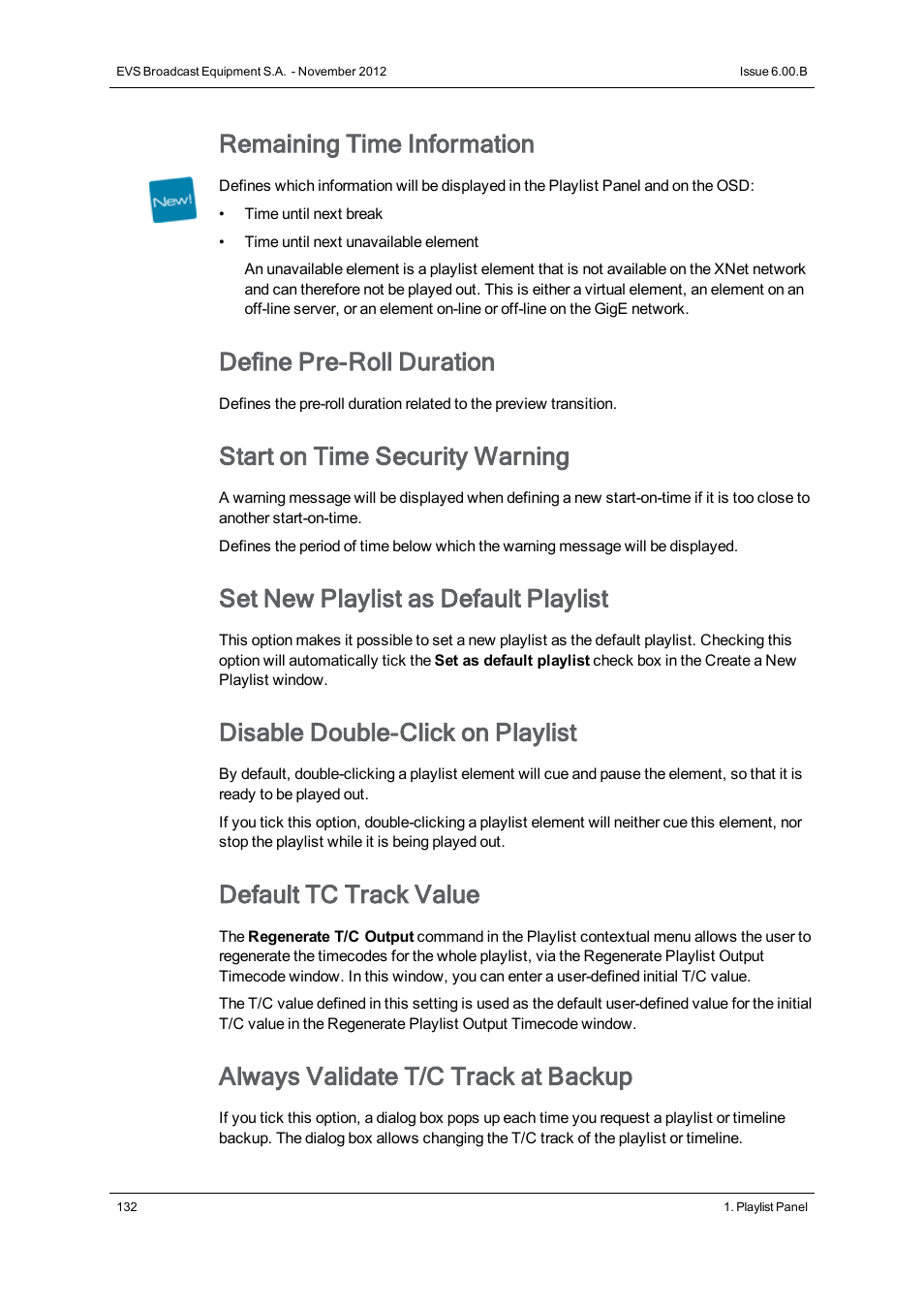 Remaining time information, Define pre-roll duration, Start on time security warning | Set new playlist as default playlist, Disable double-click on playlist, Default tc track value, Always validate t/c track at backup | EVS IPDirector Version 6.0 - November 2012 Part 6 User's Manual User Manual | Page 142 / 182