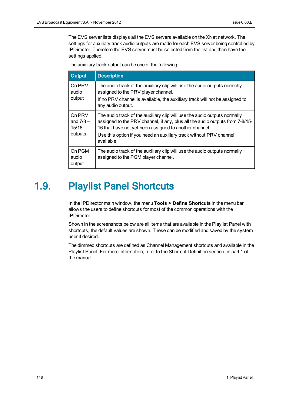 Playlist panel shortcuts | EVS IPDirector Version 6.0 - November 2012 Part 6 User's Manual User Manual | Page 158 / 182