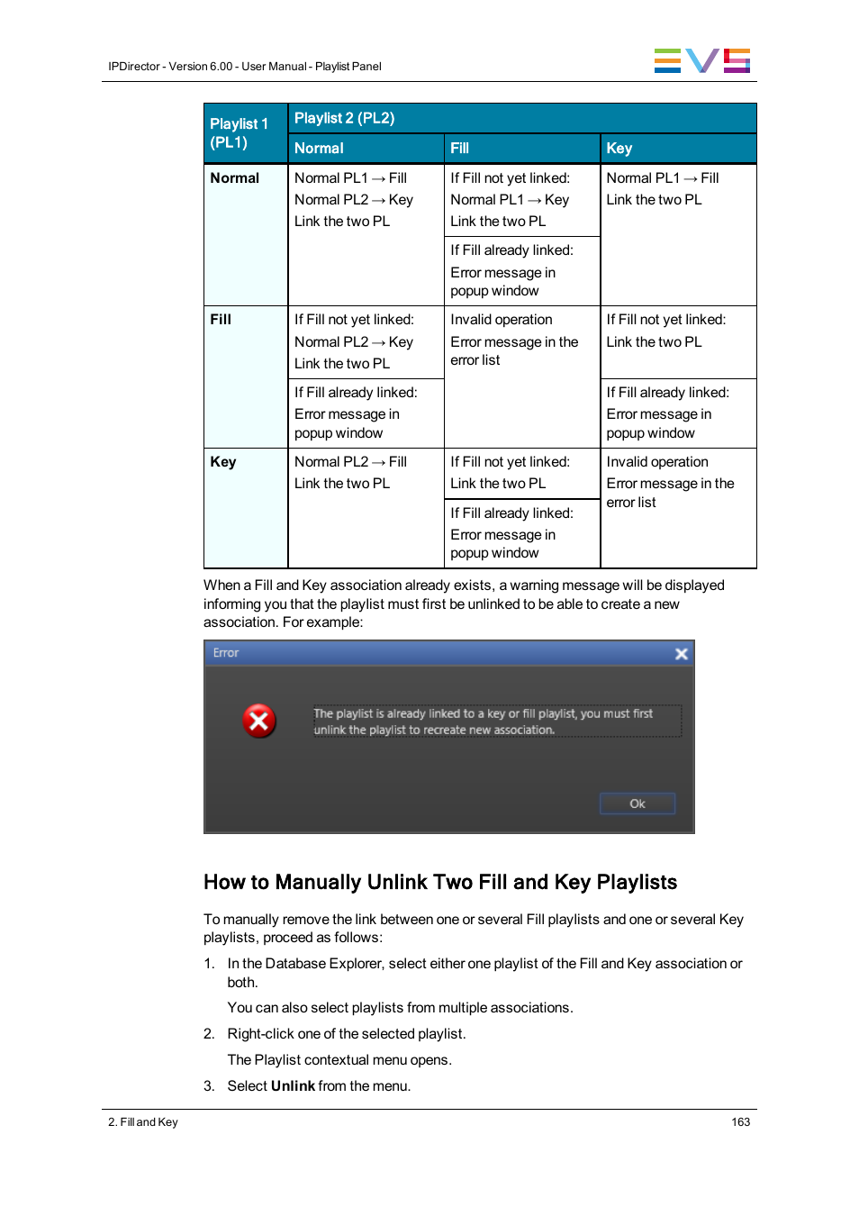 How to manually unlink two fill and key playlists | EVS IPDirector Version 6.0 - November 2012 Part 6 User's Manual User Manual | Page 173 / 182