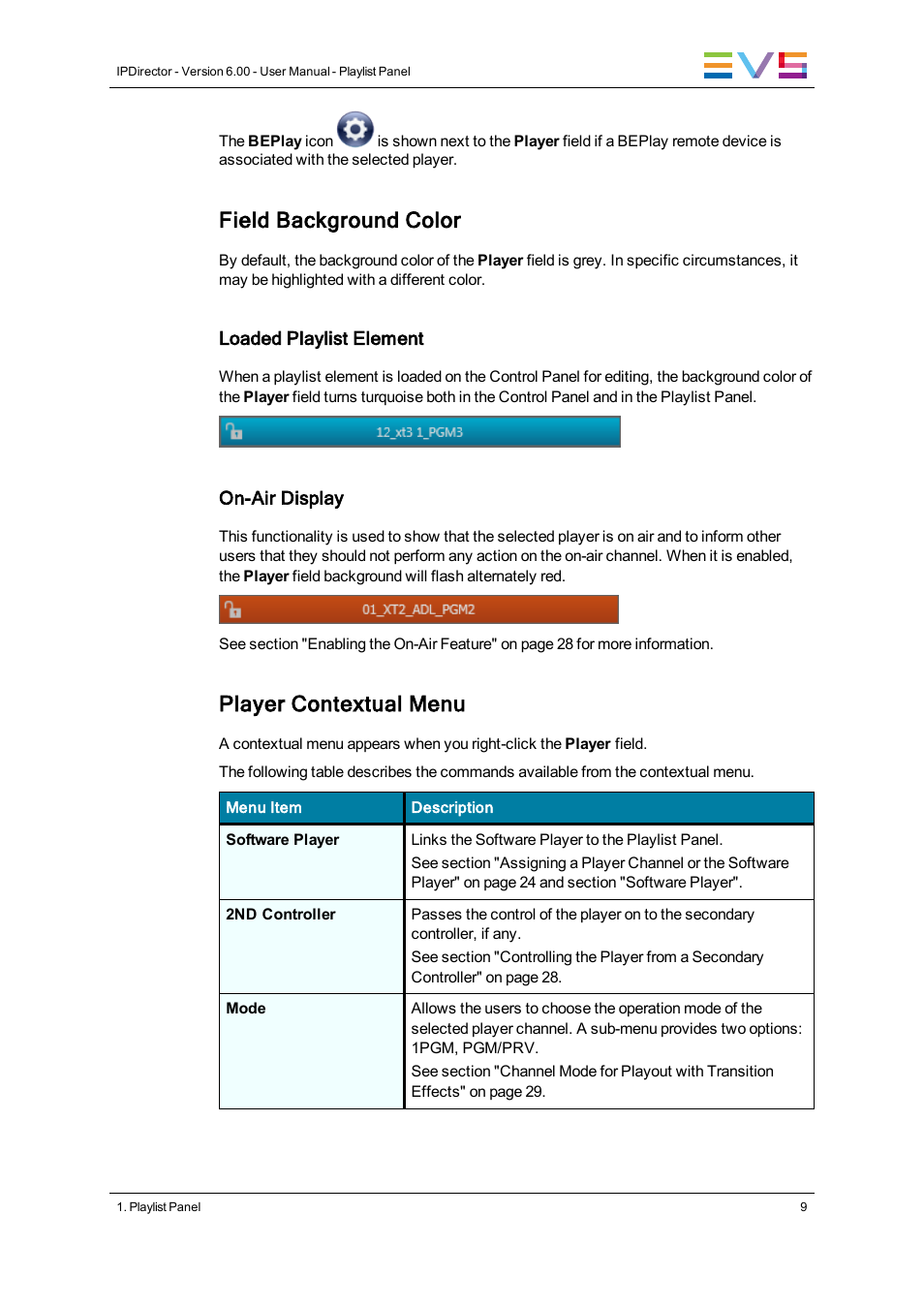 Field background color, Player contextual menu | EVS IPDirector Version 6.0 - November 2012 Part 6 User's Manual User Manual | Page 19 / 182