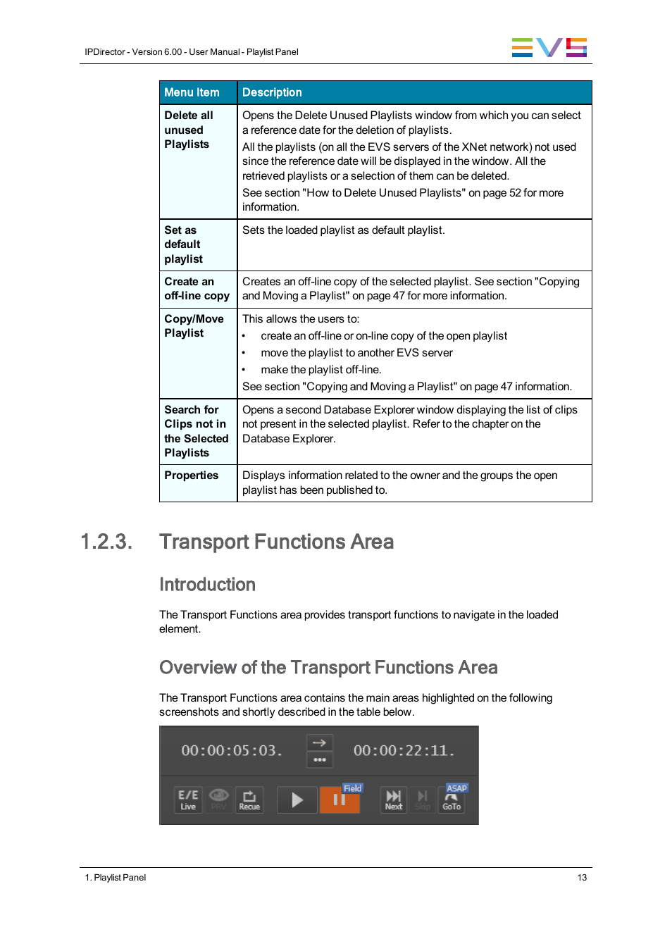 Transport functions area, Introduction, Overview of the transport functions area | EVS IPDirector Version 6.0 - November 2012 Part 6 User's Manual User Manual | Page 23 / 182