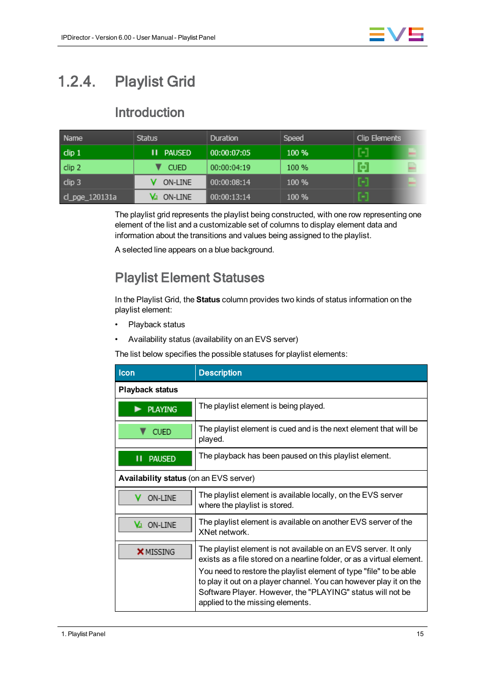 Playlist grid, Introduction, Playlist element statuses | EVS IPDirector Version 6.0 - November 2012 Part 6 User's Manual User Manual | Page 25 / 182