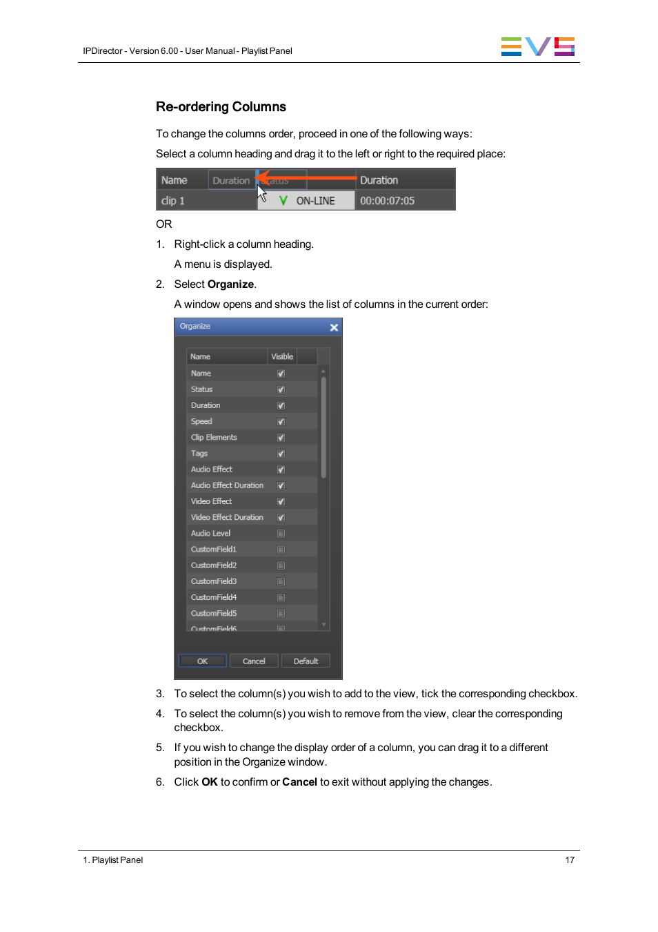 Re-ordering columns | EVS IPDirector Version 6.0 - November 2012 Part 6 User's Manual User Manual | Page 27 / 182
