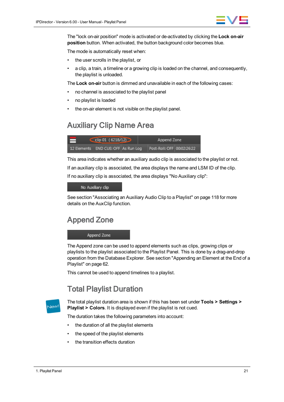Auxiliary clip name area, Append zone, Total playlist duration | EVS IPDirector Version 6.0 - November 2012 Part 6 User's Manual User Manual | Page 31 / 182